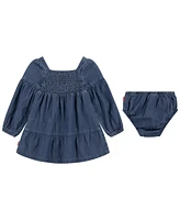 Levi's Baby Girls Long Sleeve Smocked Bodice Dress with Diaper Cover, 2-Piece Set