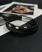 Rhona Sutton Black Leather Beaded Stainless Steel Bracelet