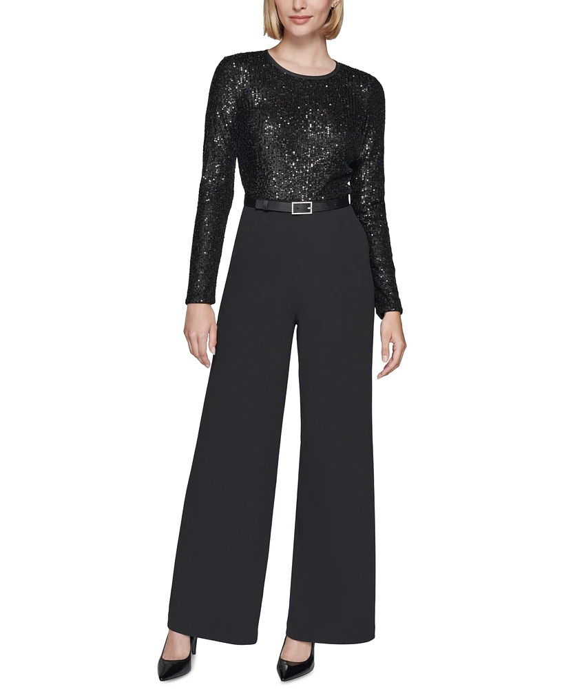 Karl Lagerfeld Paris Women's Sequin-Top Wide-Leg Jumpsuit