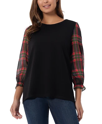 Jones New York Petite Plaid Sleeve Boatneck Top