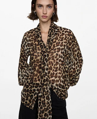 Mango Women's Collar And Bow Detail Leopard-Print Blouse