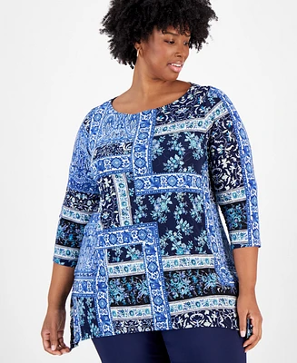 Jm Collection Plus Printed Swing Jacquard Top, Created for Macy's