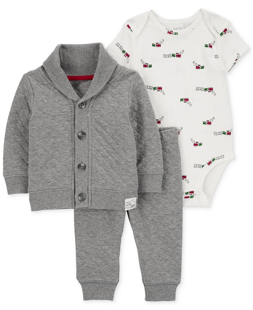 Carter's Baby Boys Quilted Little Jacket, Train-Print Bodysuit & Pants, 3 Piece Set