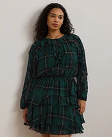 Lauren Ralph Plus Ruffled Plaid Fit & Flare Dress