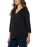 Jones New York Women's Pleated V-Neck 3/4-Sleeve Top