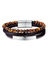 Rhona Sutton Black Tigers Eye Plated Leather Stainless Steel Bracelet