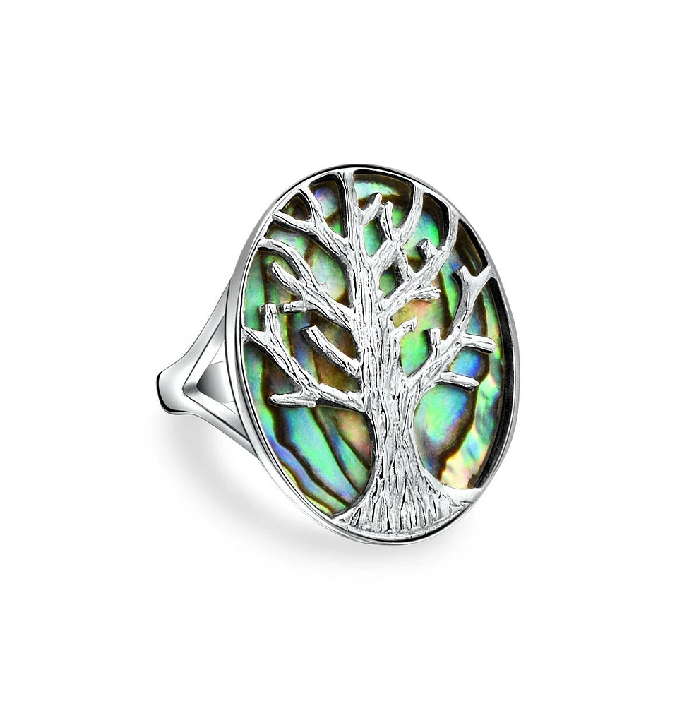 Bling Jewelry Large Statement Oval Rainbow Abalone Shell Earth Nature Family Wishing Tree Of Life Ring .925 Sterling Silver