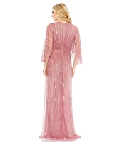 Mac Duggal Women's Beaded Striping Kimono Sleeve V Neck Gown