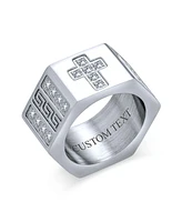 Bling Jewelry Religious Wide 6 Side Mens Christian Greek Key Cubic Zirconia Cz Accent Cross Statement Ring Band For Men Stainless Steel