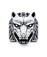 Bling Jewelry Hunter Animal Norse Viking Warrior Signet Fierce Roaring Wolf Head Ring Oxidized .925 Sterling Silver