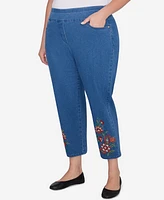 Alfred Dunner Plus Harvest Moon Floral Embroidered Denim Ankle Pants