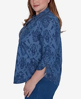 Alfred Dunner Plus Size Harvest Moon Soft Button Front Drawstring Sleeve Top