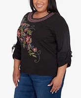 Alfred Dunner Plus Size Harvest Moon Floral Embroidered Detail Crew Neck Drawstring Sleeve Top