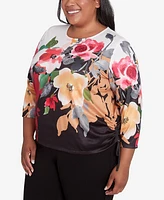 Alfred Dunner Plus Runway Ready Floral Crew Neck Top with Drawstring Hem