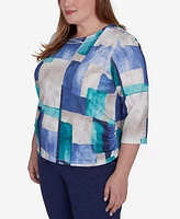 Alfred Dunner Plus French Quarter Blue Tone Box Print Ruched Top