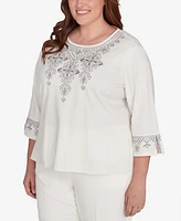 Alfred Dunner Plus Copenhagen Medallion Collar Embroidery Solid Top