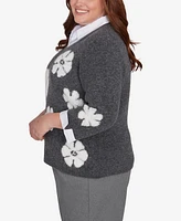 Alfred Dunner Plus Copenhagen Floral Collared Two One Sweater