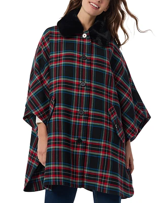 Jones New York Women's Plaid-Print Faux-Fur Collar Poncho