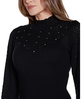 Belldini Women's Black Label Pointelle and Rhinestone Detail Sweater