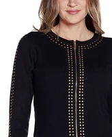 Belldini Women's Black Label Crewneck Embellished Zip Cardigan Sweater