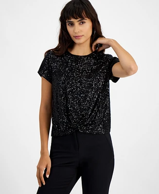 Bar Iii Women's Sequin Short-Sleeve Knot-Hem Top, Created for Macy's