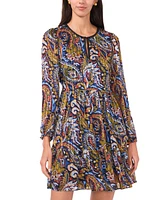 Msk Petite Paisley-Print Split-Neck Chiffon Dress