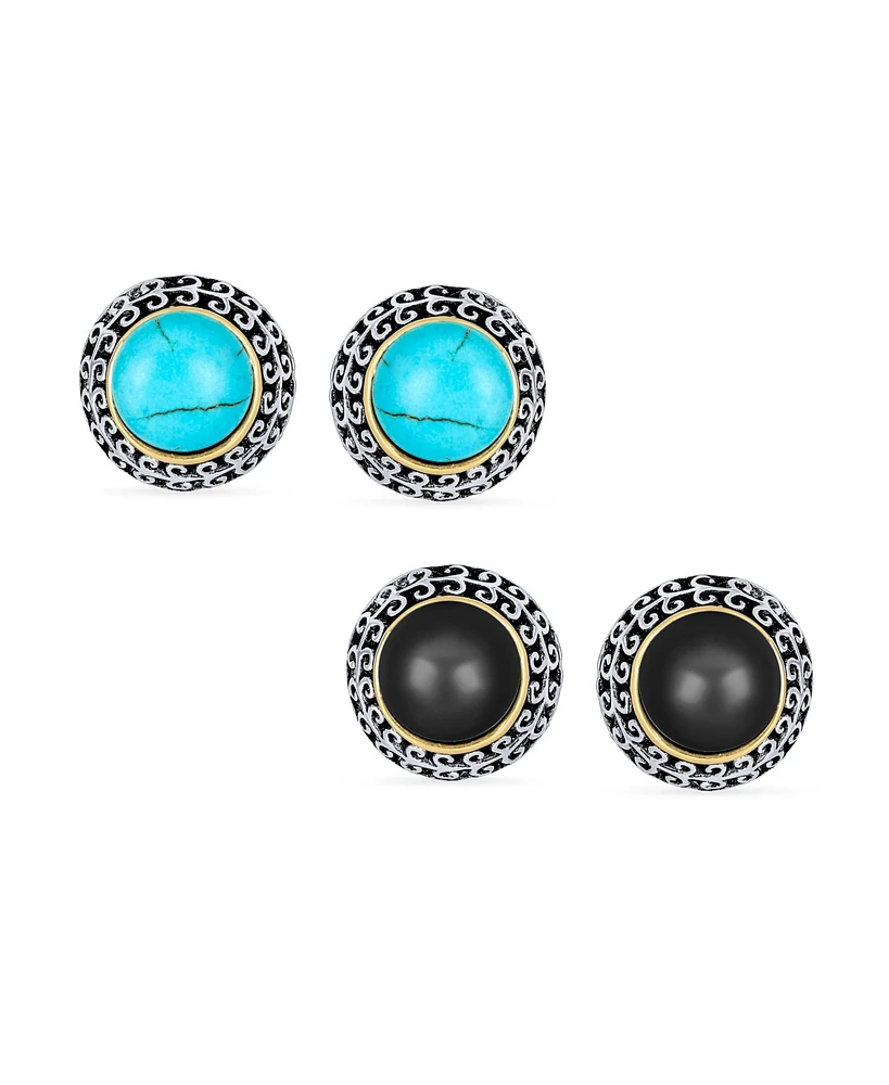 Bling Jewelry Set of 2 Bali Style Two Tone Black Onyx Blue Turquoise Dome Clip On Earrings For Women Non Pierced Ear Silver Gold Plated