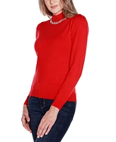 Belldini Women's Embellished Mock Neck Puff-Sleeve Sweater