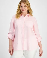 Charter Club Plus Size 100% Linen Roll-Tab Shirt, Exclusively at Macy's