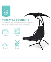 Best Choice Products Hanging Curved Chaise Lounge Chair Swing for Backyard, Patio w/ Pillow, Shade, Stand