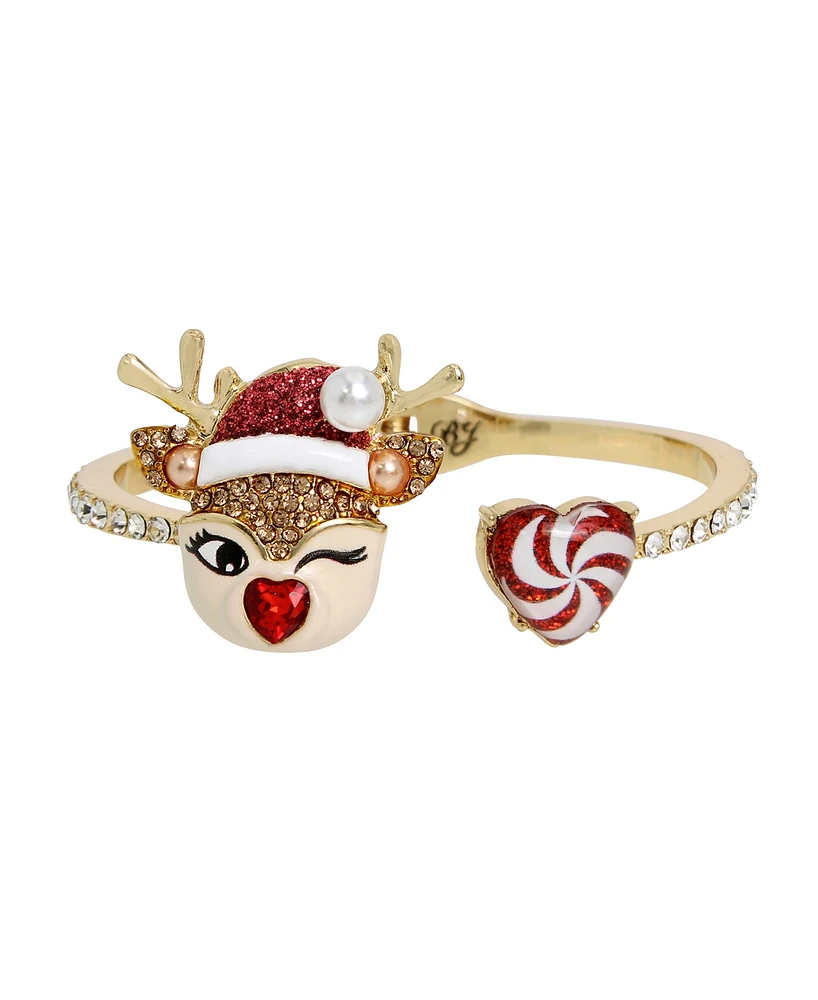 Betsey Johnson Faux Stone Jingle Bell Bling Christmas Reindeer Bangle Bracelet