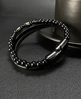 Rhona Sutton Black Leather Beaded Stainless Steel Bracelet