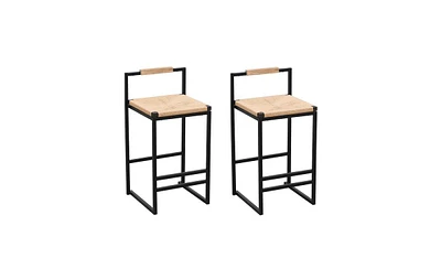 Slickblue Set of 2 Bar Stools with Back Paper Rope Woven Counter Height Dining Chairs for Kitchen