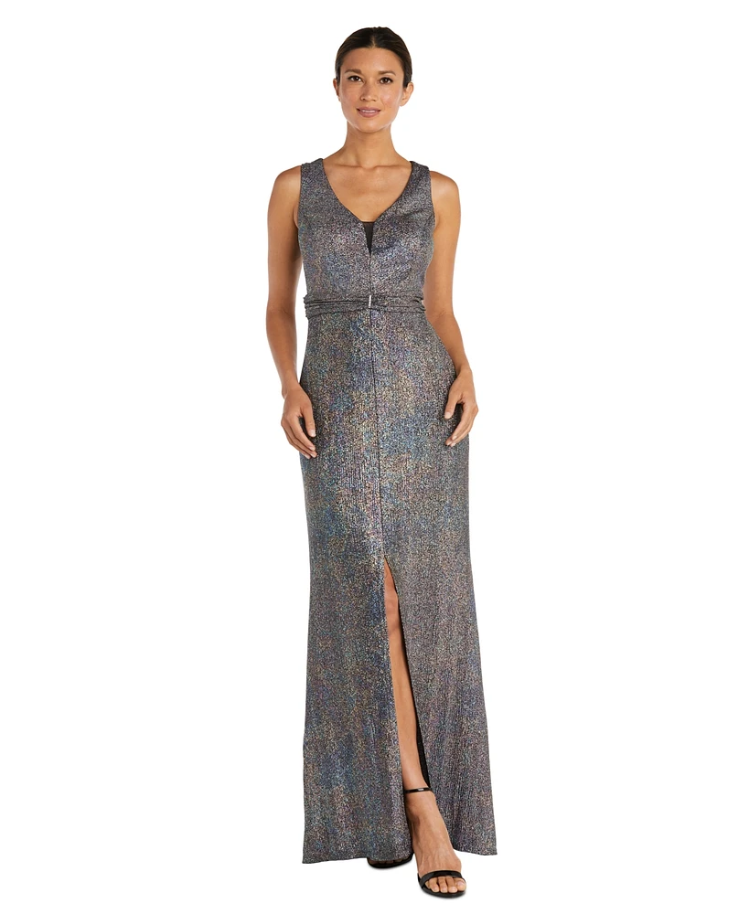 R & M Richards Petite Metallic Back-Cutout Ruched-Waist Gown