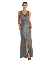 R & M Richards Petite Metallic Back-Cutout Ruched-Waist Gown