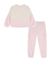 Calvin Klein Toddler Girl Fleece Color Block Crew Neck Cargo Joggers, 2-Piece Set