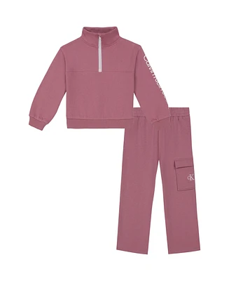 Calvin Klein Toddler and Little Girls Fleece Semi-Zip Wide-Leg Cargo Pants, 2-Piece Set