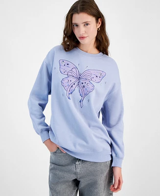 Pretty Rebellious Juniors' Butterfly Bow Graphic Embellished Sweatshirt