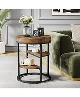 Tribesigns Round End Table, Small End Table with 3 Storage Shelves, Wood Side Table for Small Spaces, Industrial Sofa Side Table for Living Room