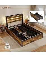 Gymax Full Size Bed Frame w/ Drawers Led Lights Outlets & Usb Ports Smart App Control