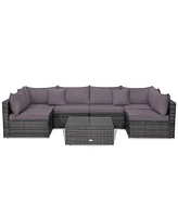 Gymax 7PCS Patio Rattan Sectional Sofa Set Outdoor Furniture w/ Grey Cushions