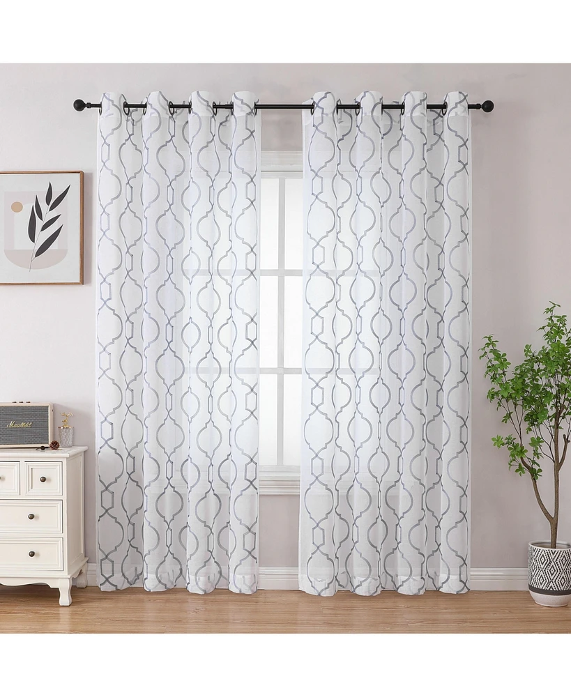 Kate Aurora Transcendence 1 Piece Grommet Top Embroidered Sheer Trellis Clover Window Curtain Panel - Silver