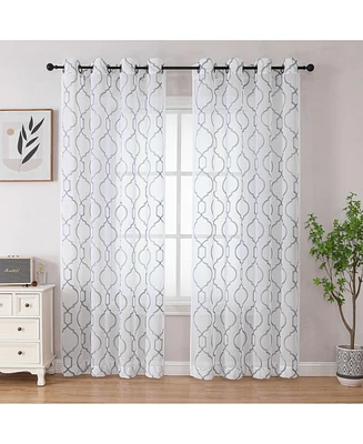 Kate Aurora Transcendence 1 Piece Grommet Top Embroidered Sheer Trellis Clover Window Curtain Panel - Silver
