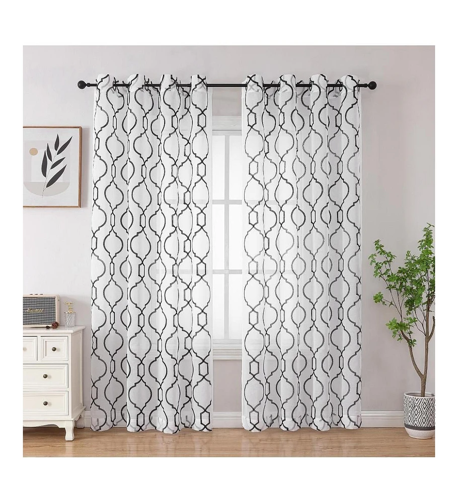 Kate Aurora Transcendence 1 Piece Grommet Top Embroidered Sheer Trellis Clover Window Curtain Panel - Silver