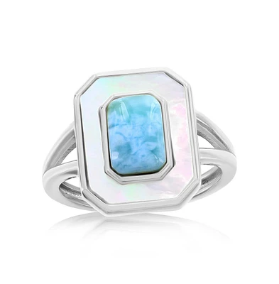 Caribbean Treasures Sterling Silver Larimar & Mop Rectangle Ring