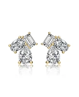 Genevive Sterling Silver Cubic Zirconia Three-Stone Cluster Stud Earrings in White Gold Plated or 14k Gold Plated