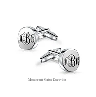 Bling Jewelry Monogram Initial Geometric Solid Flat Round Circle Disc .925 Sterling Silver Shirt Cufflinks For Men Cuff Links Executive Gift Hinge Bul