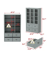 Famapy Gray Wood Bookcase With Tempered Glass Doors and 6-Drawers