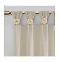 Rosette Floral Embellished Cuff Tab Top Solid Curtain Panel, 50"W x 95"L