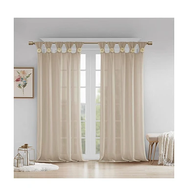 Rosette Floral Embellished Cuff Tab Top Solid Curtain Panel